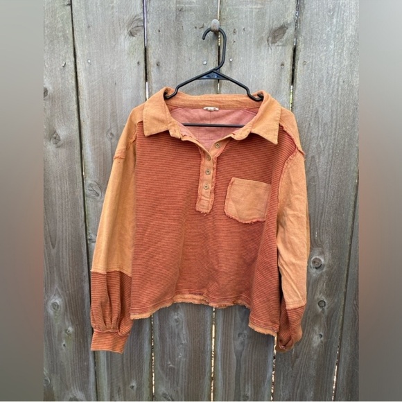 POL Pumpkin Spice Striped Cropped Oversized Button Down Top - Picture 2 of 9